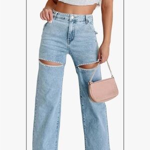 High Waist Denim Jeans Rhinestone Trim Bling Jeans worn once